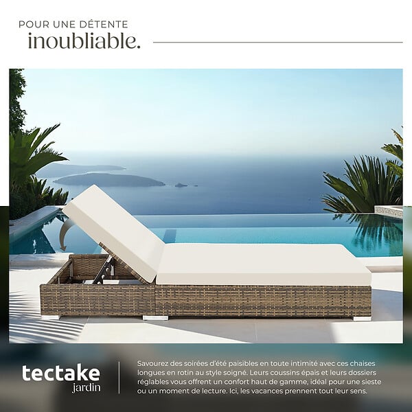 TECTAKE - Lot de 2 bains de soleil en rotin et aluminium marron naturel avec table et housses design - large