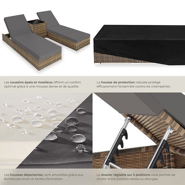 TECTAKE - Lot de 2 bains de soleil en rotin et aluminium marron naturel avec table et housses design - large