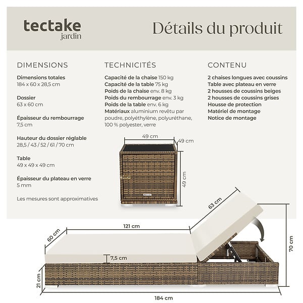TECTAKE - Lot de 2 bains de soleil en rotin et aluminium marron naturel avec table et housses design - large