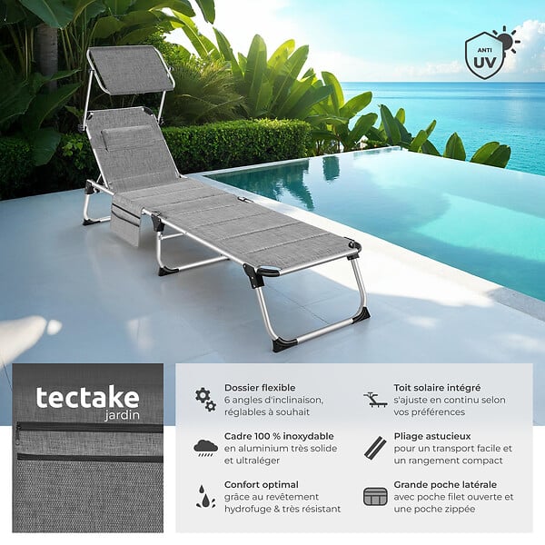 TECTAKE - Chaise longue en aluminium Lorella, rembourrée et pliable gris tacheté - large