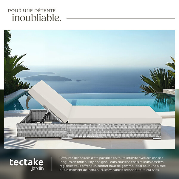 TECTAKE - Lot de 2 bains de soleil luxe résine en tressée aluminium avec table rangement gris - large