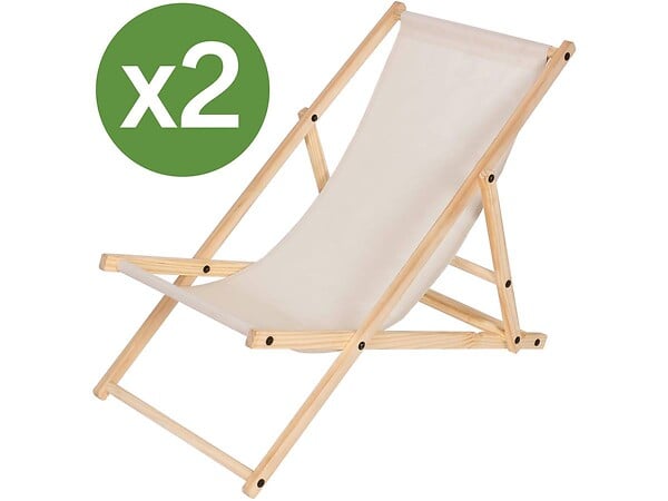 HABITAT ET JARDIN - Lot de 2 transats en bois "Chilienne" - 107 x 56.5 x 81 cm - Ecru - large