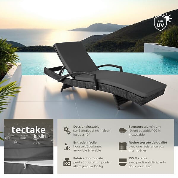 TECTAKE - Bain de soleil rotin tressé noir dossier réglable 5 positions matelas moelleux - large