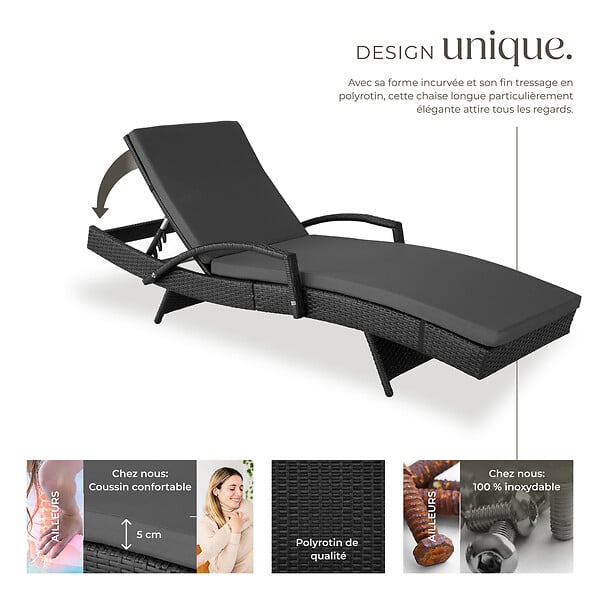 TECTAKE - Bain de soleil rotin tressé noir dossier réglable 5 positions matelas moelleux - large