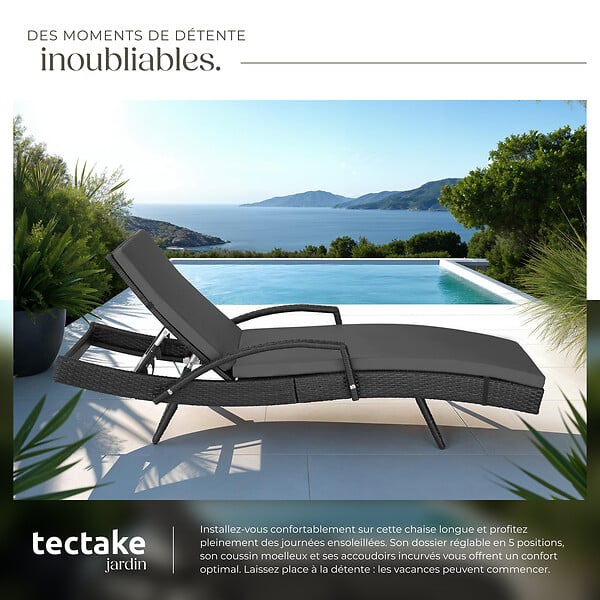 TECTAKE - Bain de soleil rotin tressé noir dossier réglable 5 positions matelas moelleux - large