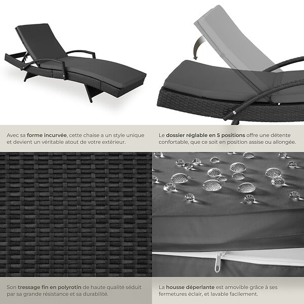 TECTAKE - Bain de soleil rotin tressé noir dossier réglable 5 positions matelas moelleux - large