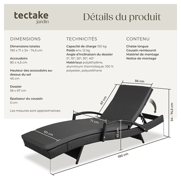 TECTAKE - Bain de soleil rotin tressé noir dossier réglable 5 positions matelas moelleux - large