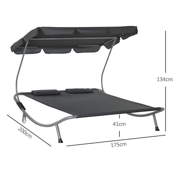 OUTSUNNY - Bain de soleil 2 places lit de jardin design contemporain toit réglable 2 roulettes 2 oreillers acier époxy polyester gris - large