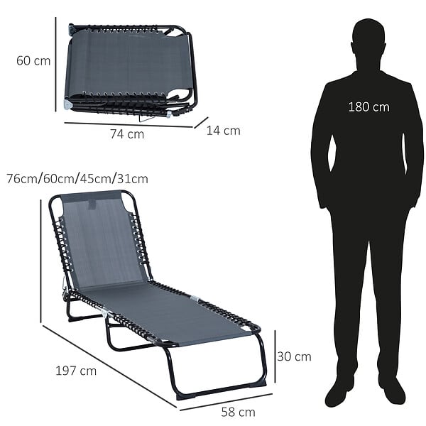 OUTSUNNY - Bain de soleil transat pliable dossier inclinable multi-positions acier thermoplastique lacets élastiques noir textilène gris - large