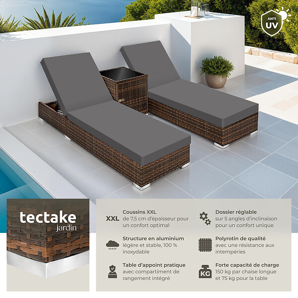 TECTAKE - 2 chaises longues en rotin avec structure en aluminium et table, housse de protection incluse marron - large