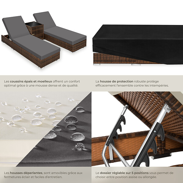 TECTAKE - 2 chaises longues en rotin avec structure en aluminium et table, housse de protection incluse marron - large