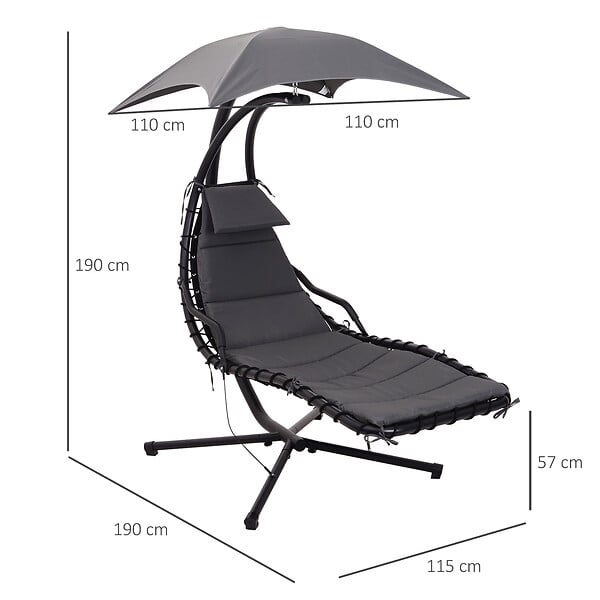 OUTSUNNY - Bain de soleil transat suspendu avec pare-soleil et matelas design contemporain 190L x 115l x 190H cm acier polyester gris foncé noir - large