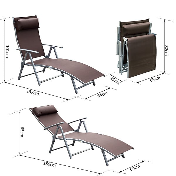 OUTSUNNY - Outsunny transat chaise longue bain de soleil pliable dossier inclinable multi-positions têtière fournie 137L x 64l x 101H cm métal époxy textilène marron - large