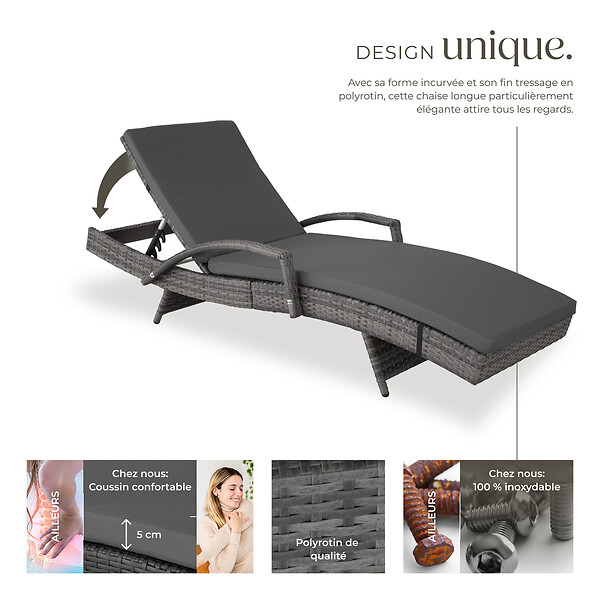 TECTAKE - Chaise longue en rotin et aluminium Océane gris - large