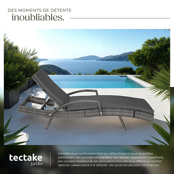 TECTAKE - Chaise longue en rotin et aluminium Océane gris - large