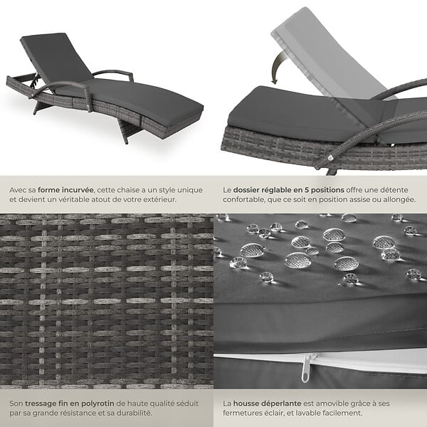 TECTAKE - Chaise longue en rotin et aluminium Océane gris - large