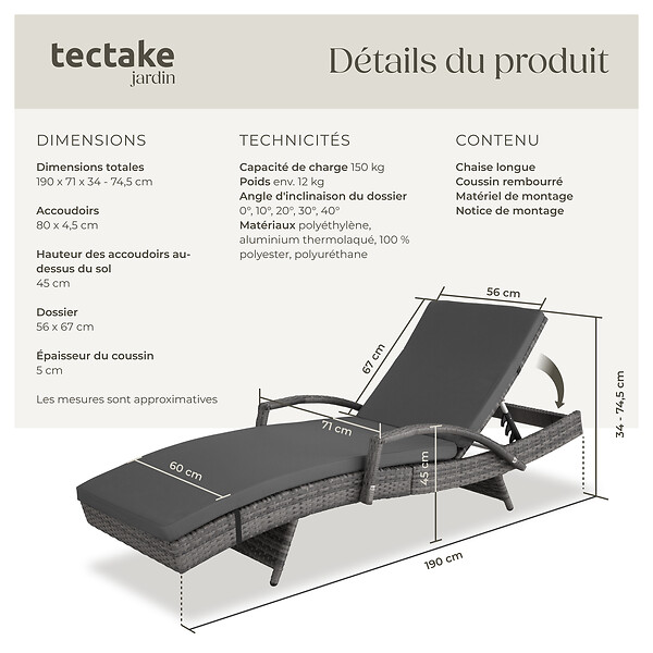 TECTAKE - Chaise longue en rotin et aluminium Océane gris - large