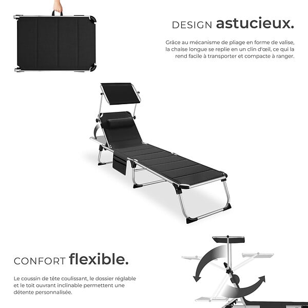 TECTAKE - Chaise longue en aluminium Lorella, rembourrée et pliable noir - large