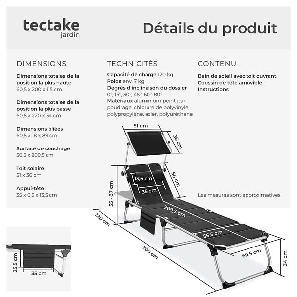 TECTAKE - Chaise longue en aluminium Lorella, rembourrée et pliable noir - large
