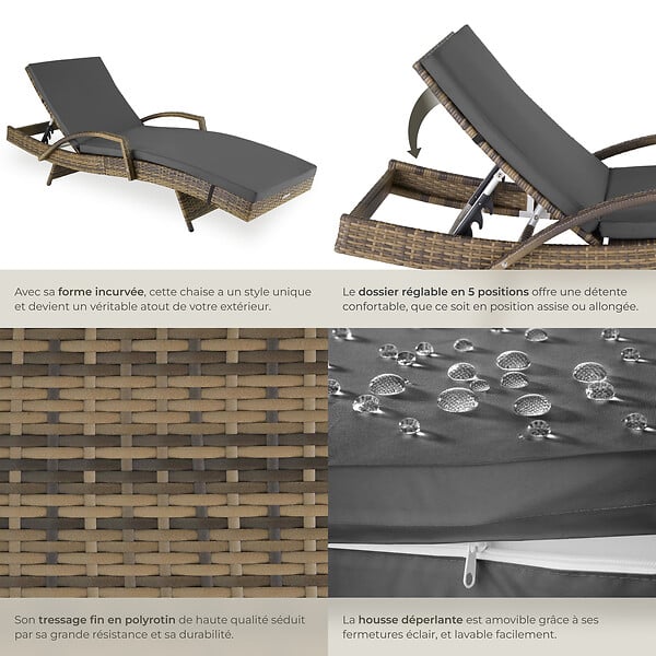 TECTAKE - Chaise longue en rotin et aluminium Océane marron naturel - large