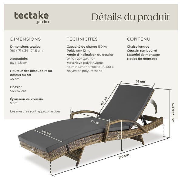 TECTAKE - Chaise longue en rotin et aluminium Océane marron naturel - large
