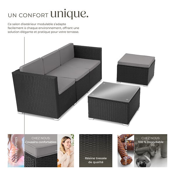 TECTAKE - Salon en rotin Lignano noir - large