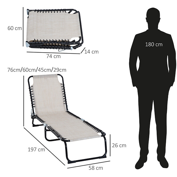 OUTSUNNY - Bain de soleil transat pliable dossier inclinable multi-positions acier thermoplastique lacets élastiques noir textilène crème - large