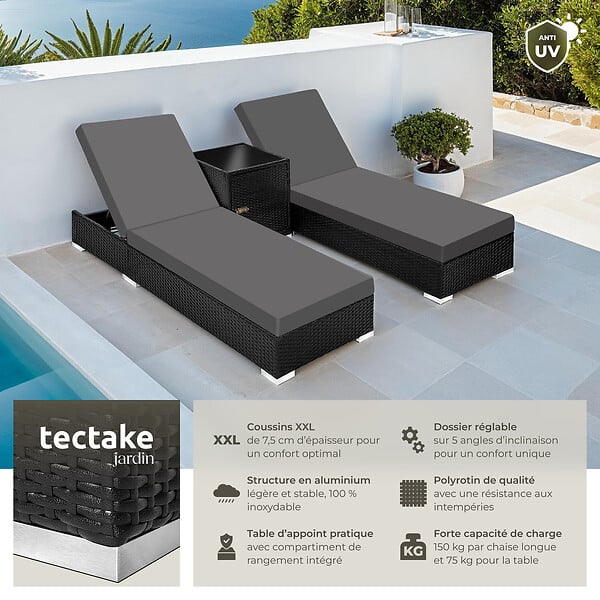 TECTAKE - Lot 2 chaises longues rotin aluminium noir avec table d appoint rangement 184x60x21 cm - large