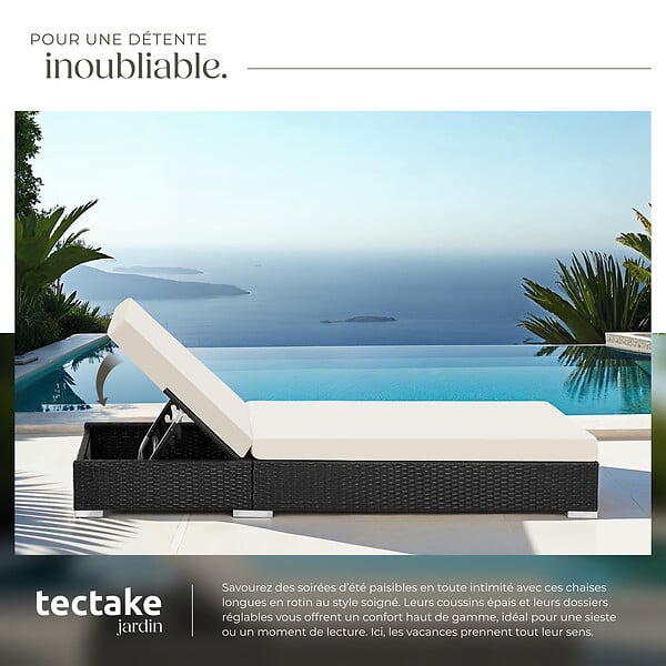 TECTAKE - Lot 2 chaises longues rotin aluminium noir avec table d appoint rangement 184x60x21 cm - large
