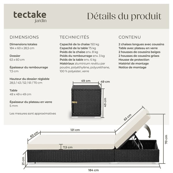 TECTAKE - Lot 2 chaises longues rotin aluminium noir avec table d appoint rangement 184x60x21 cm - large