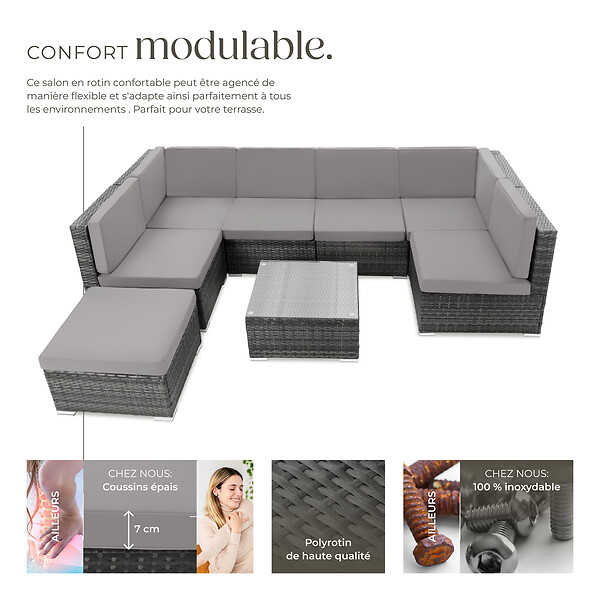 TECTAKE - Canapé jardin en résine tressée gris 7 places modulable coussins déperlants table avec verre - large