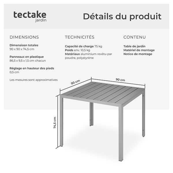 TECTAKE - Table de jardin en aluminium surface de la table en aspect bois argent - large