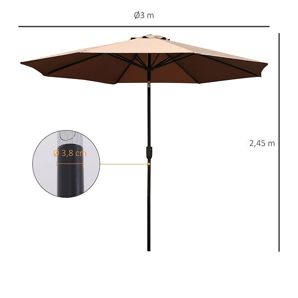 OUTSUNNY - Parasol en métal rond polyester 180g/m² manivelle inclinable Ø 2,95 x 2,5 m chocolat - large