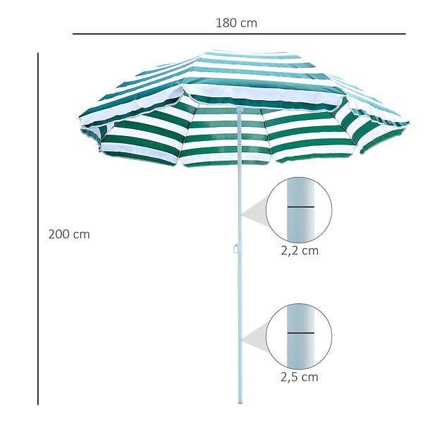 OUTSUNNY - Parasol inclinable octogonal de plage Ø 180 cm tissu polyester haute densité anti-UV mât démontable vert blanc rayé - large
