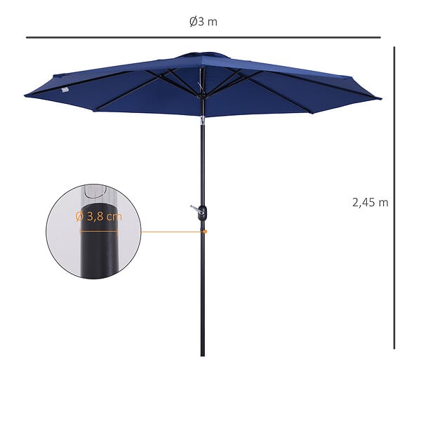 OUTSUNNY - Parasol en métal rond polyester 180g/m² manivelle inclinable Ø 2,95 x 2,5 m bleu - large