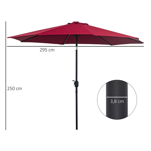 OUTSUNNY - Parasol en métal rond polyester 180g/m² manivelle inclinable Ø 2,95 x 2,5 m bordeaux - large