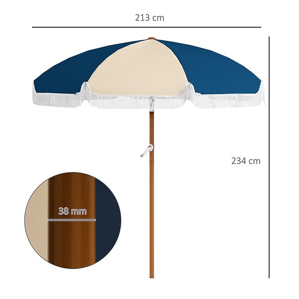 OUTSUNNY - Parasol inclinable de jardin Ø 213 cm style vintage franges bleu beige - large