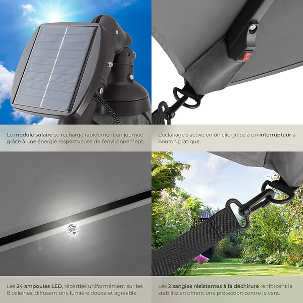 TECTAKE - Parasol à LED solaire Sunna avec manivelle 2,5 x 2,5 m  gris clair - large