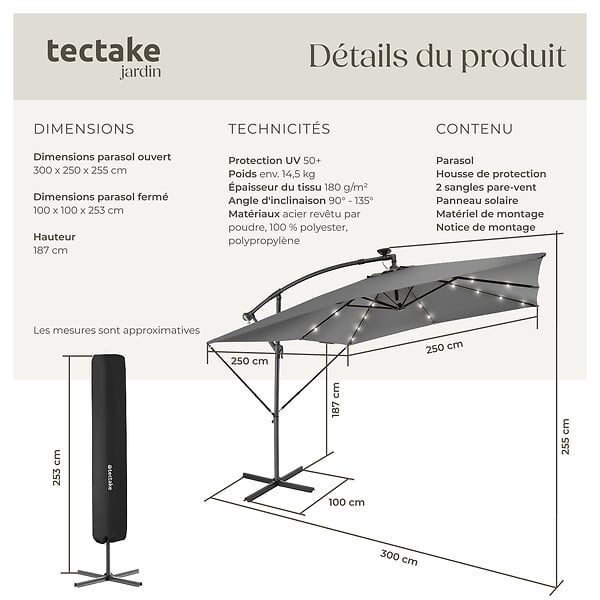 TECTAKE - Parasol à LED solaire Sunna avec manivelle 2,5 x 2,5 m  gris clair - large