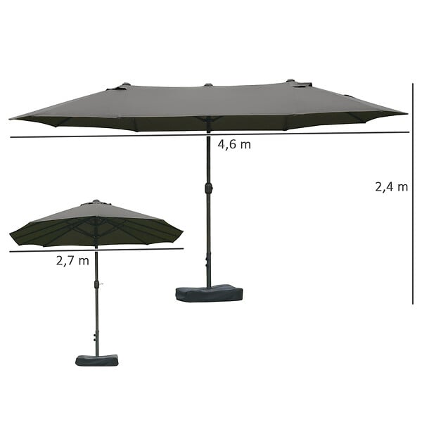 OUTSUNNY - Parasol de jardin XXL dim. 4,6L x 2,7l x 2,4H m ouverture fermeture manivelle pied & contrepoids inclus acier polyester haute densité gris - large