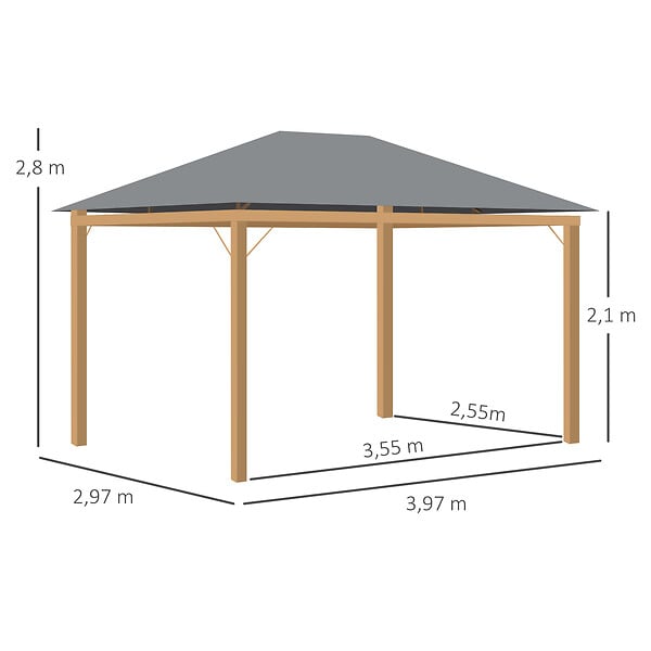 OUTSUNNY - Pavillon de jardin style contemporain - barnum avec rideaux - dim. 3,97L x 2,97l x 2,8H m - alu. aspect bois polyester gris - large
