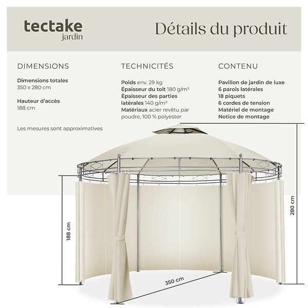 TECTAKE - Tonnelle ⌀ 3,5 m SIANA crème - large