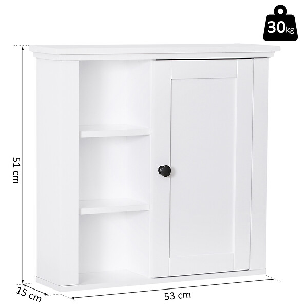 HOMCOM - Armoire haute murale de salle de bain ou WC placard 1 porte 3 niches dim. 53L x 14,5l x 50,5H cm MDF panneaux particules blanc - large