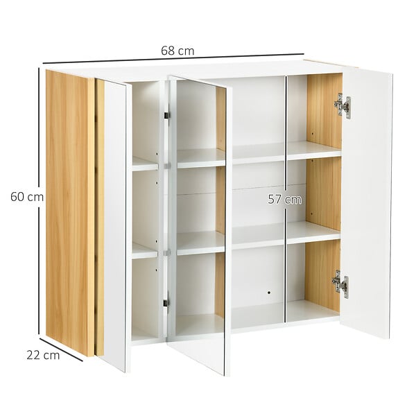 KLEANKIN - Armoire miroir salle de bain 3 portes 4 étagères aspect bois clair blanc - large