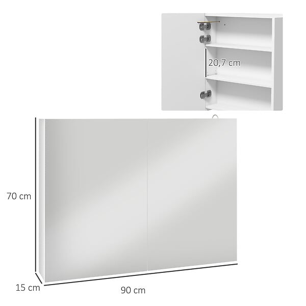 KLEANKIN - Armoire miroir LED de salle de bain - 2 portes, 2 étagères - tactile, lumière réglable - MDF blanc laqué verre - large