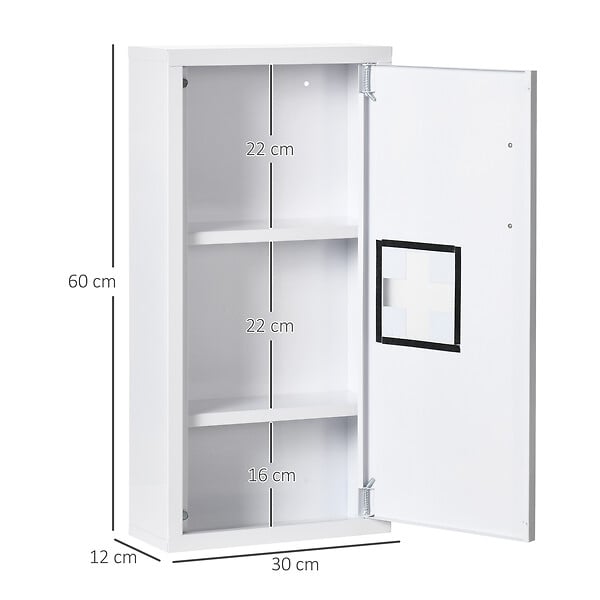 KLEANKIN - Armoire à pharmacie 2 étagères 3 niveaux dim. 30L x 12l x 60H cm logo croix transparent acier blanc - large
