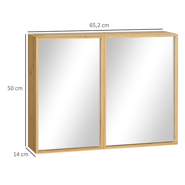 KLEANKIN - Miroir de salle de bain avec placard 2 portes - 2 étagères - bois de bambou verni - large
