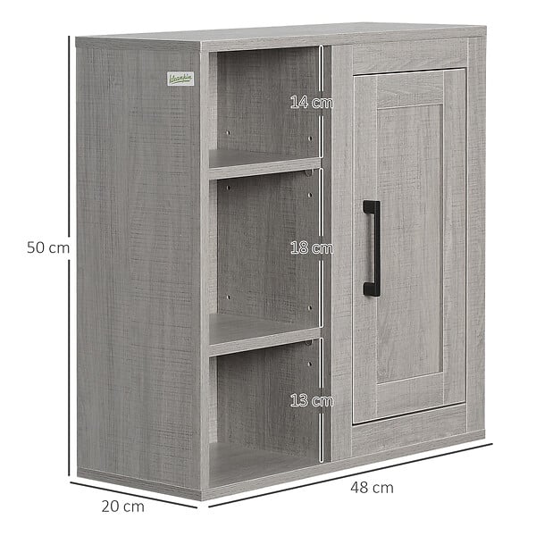 KLEANKIN - Armoire haute murale de salle de bain ou WC placard 1 porte 3 niches dim. 48L x 20l x 50H cm panneaux particules gris - large