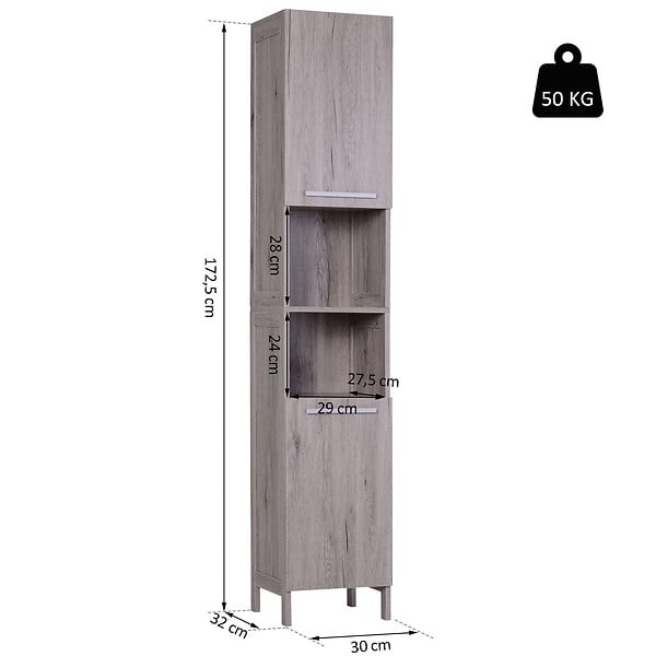 HOMCOM - Meuble colonne rangement salle de bain dim. 30L x 32l x 172H cm 2 placards avec étagère + 2 niches MDF imitation bois gris - large