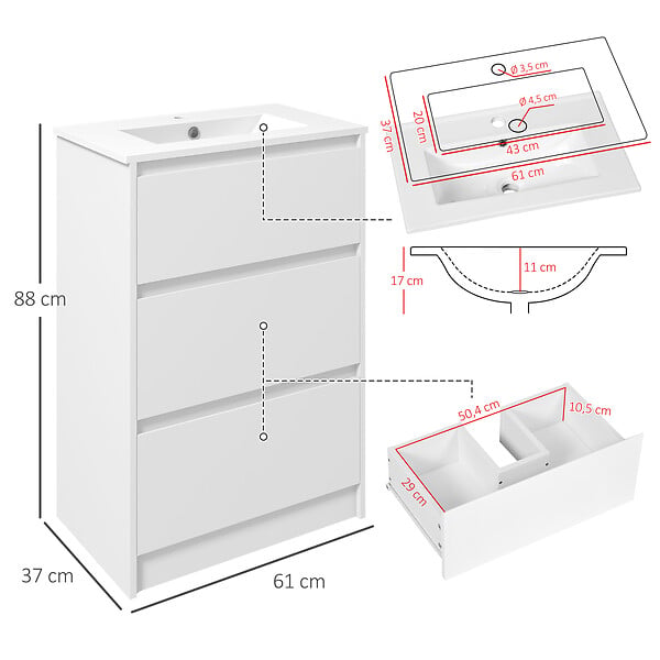 KLEANKIN - Meuble sous-vasque - vasque céramique incluse - 2 tiroirs - dim. 61L x 37l x 88H cm - blanc laqué - large